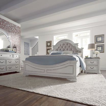 Magnolia Manor King California Upholstered Bed, Dresser & Mirror, Night Stand
