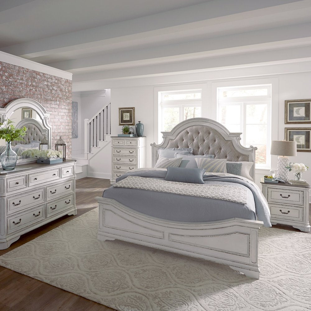 Queen Upholstered Bed, Dresser & Mirror, Chest, Night Stand - Antique White
