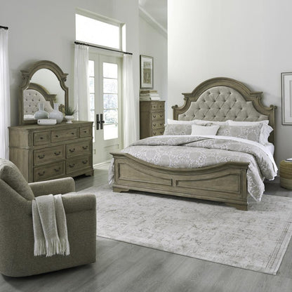 Magnolia Manor Queen Upholstered Bed, Dresser & Mirror, Chest - Weathered Bisque