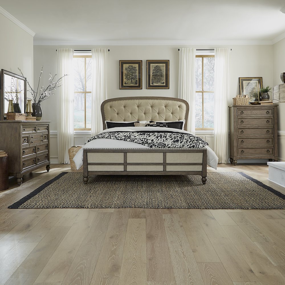 Queen Shelter Bed, Dresser & Mirror, Chest - Dusty Taupe & Black