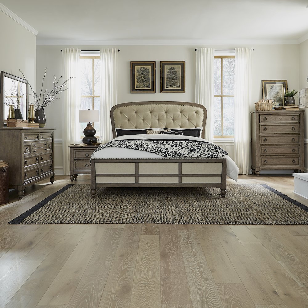 Americana Farmhouse King Shelter Bed, Dresser & Mirror, Chest, Night Stand
