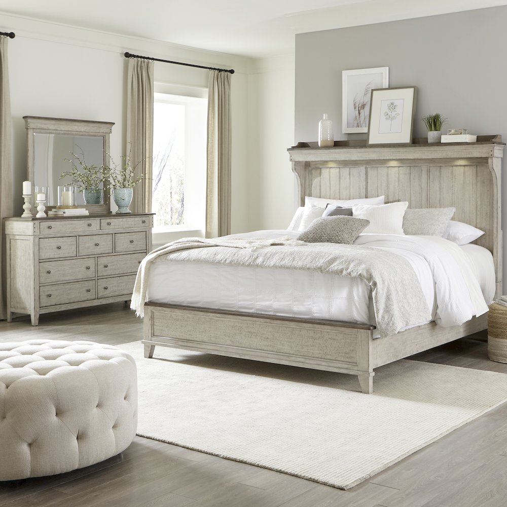 King Mantle Bed, Dresser & Mirror - Weathered Linen w/ Dusty Taupe Tops