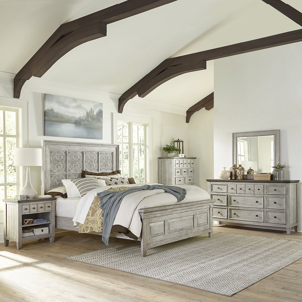 King Opt California Panel Bed, Dresser & Mirror, Chest, Night Stand