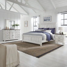 King Panel Bed, Dresser & Mirror, Night Stand - Riverstone White & Tobacco