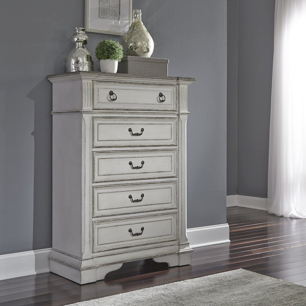 Abbey Park King California Sleigh Bed, Dresser & Mirror, Chest, Night Stand