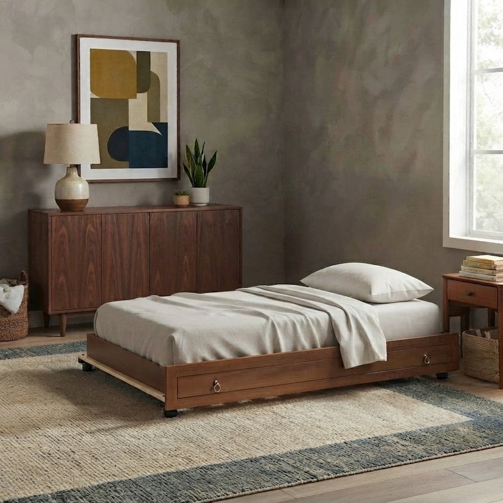 FurniFact Trundle Bed Frame, Walnut/Gold