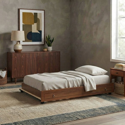 FurniFact Trundle Bed Frame, Walnut/Gold