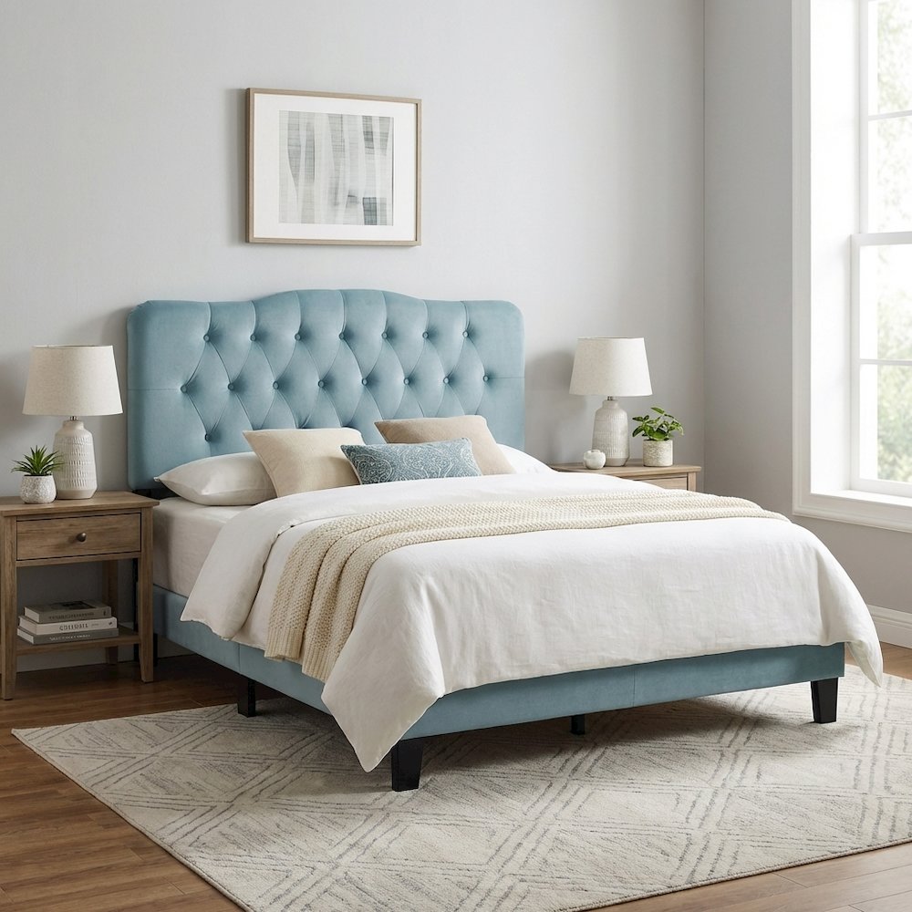 Blue Velvet Headboard, Full Diamond Tufted Design, Performance Fabric Finish