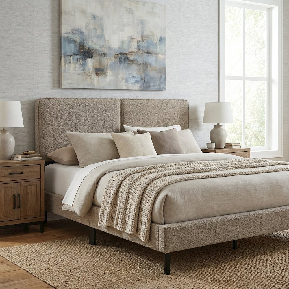Boucle Fabric Queen Headboard in Soft Neutral with Padded Upholstery