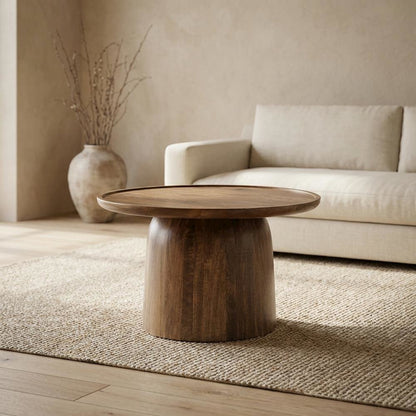 Round Wood Coffee Table with Sleek Design and Solid Oak Finish