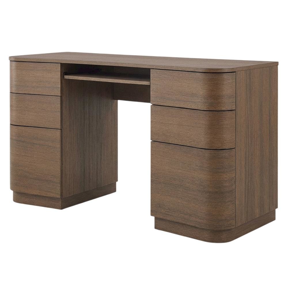 Dark Brown Curved Office Desk with 6 Drawers and Keyboard Shelf