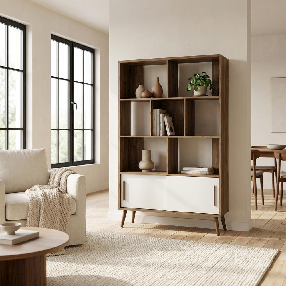 Wooden Bookcase with Sliding Doors for Living Room Storage