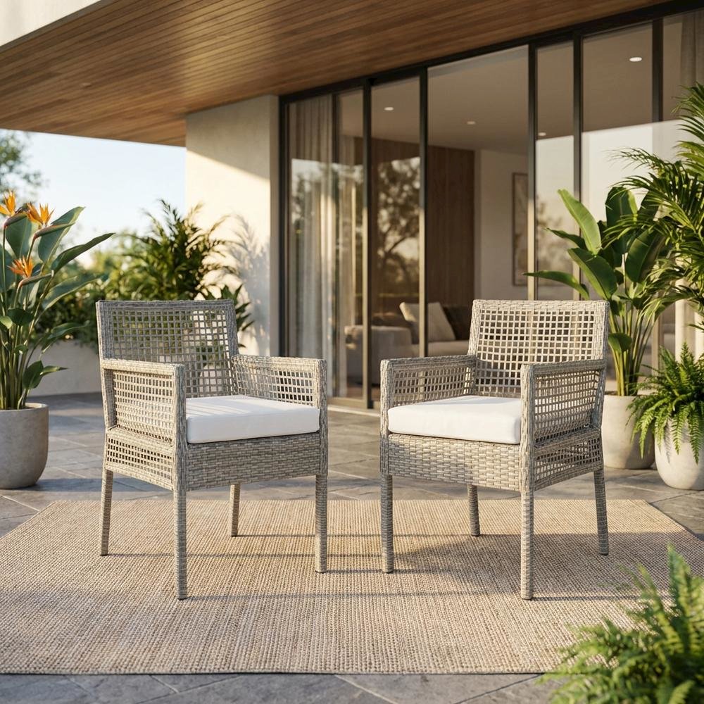 Outdoor Patio Wicker Rattan Dining Armchair Set Of 2, Cushioned Seat, Armrests