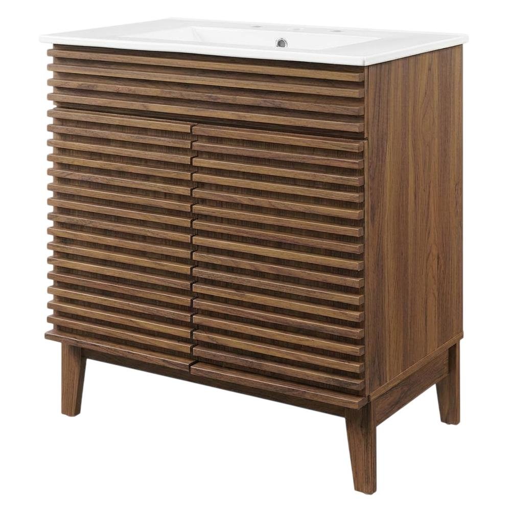 Walnut White 30-Inch Floor-Mount Bathroom Vanity Cabinet with Sink