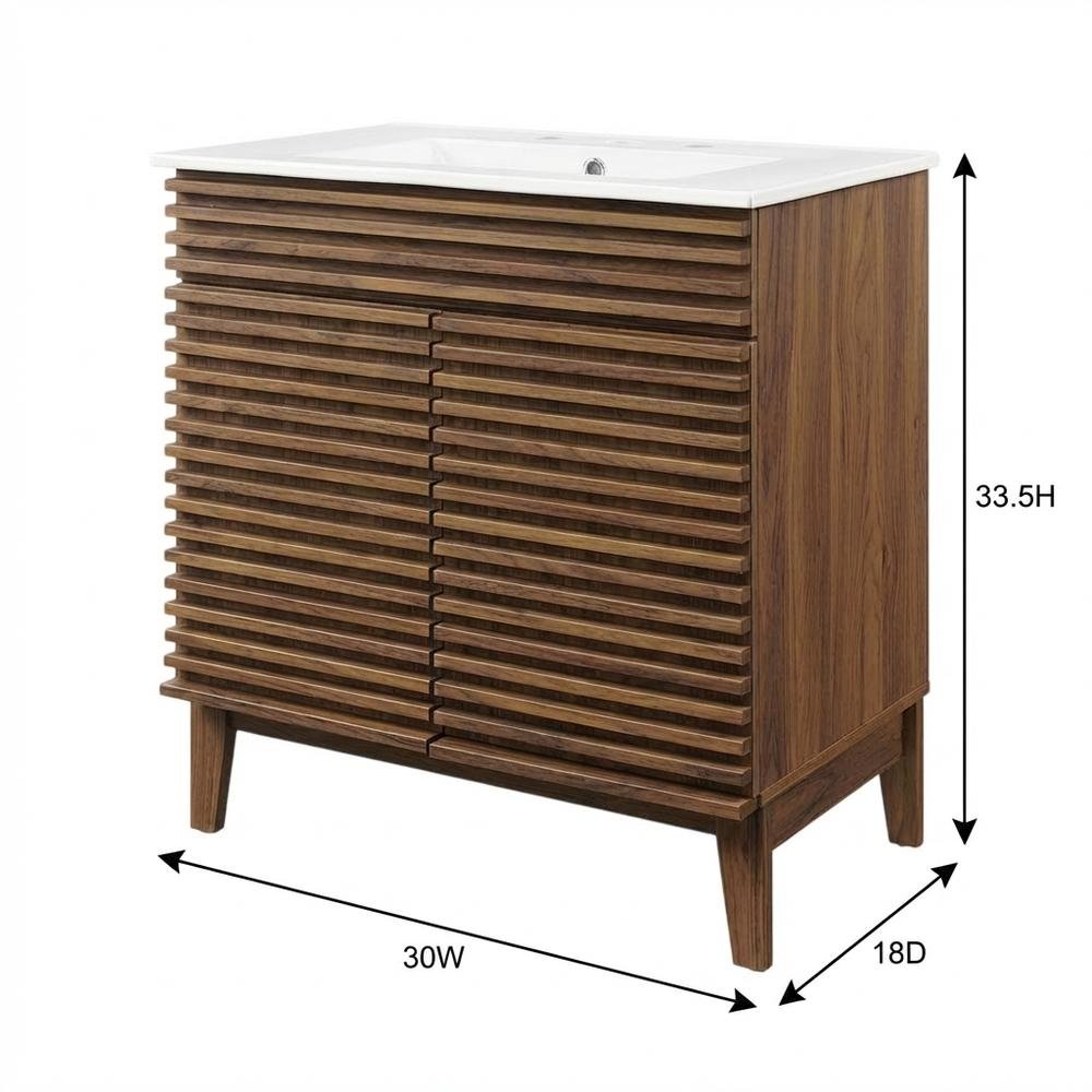 Walnut White 30-Inch Floor-Mount Bathroom Vanity Cabinet with Sink