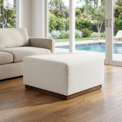Square Boucle Upholstered Ottoman With Cushioned Top For Outdoor Lounge