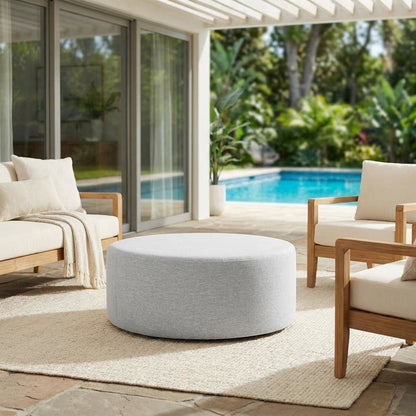 Woven Heathered Fabric Outdoor Ottoman In Neutral Tone For Patio Comfort