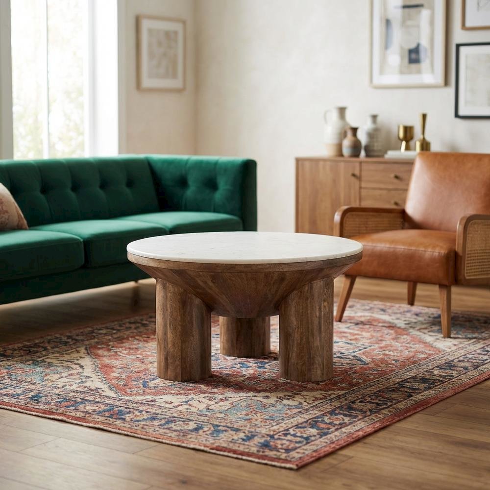 Wood Coffee Table with Marble Top, 33-Inch Round, Modern Design
