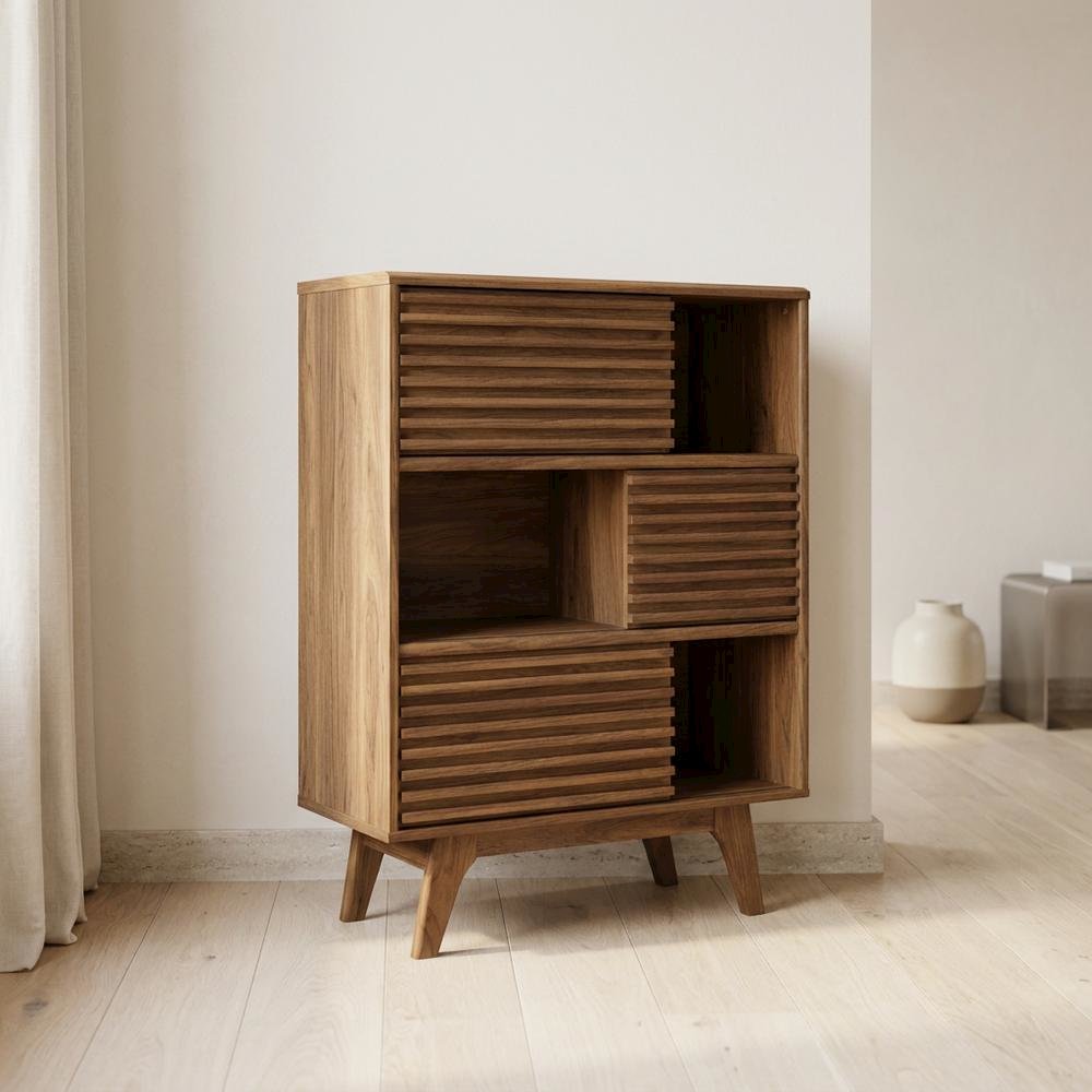 Mid-Century Modern Three-Tier Display Cabinet with Bookshelf Storage, Walnut