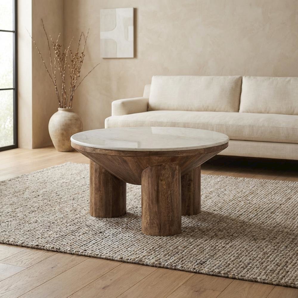 Wood Coffee Table with Marble Top, 33-Inch Round, Modern Design