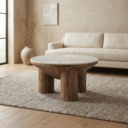 Wood Coffee Table with Marble Top, 33-Inch Round, Modern Design