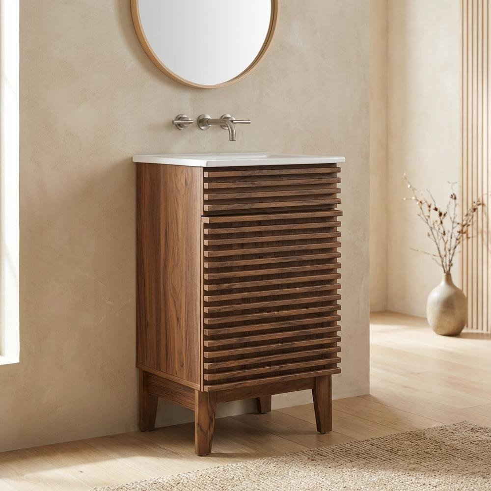 Walnut White 18-Inch Floor-Mount Bathroom Vanity Cabinet with Sink