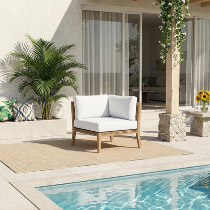 Outdoor Patio Teak Wood Corner Lounge Chair With Cushioned Seat