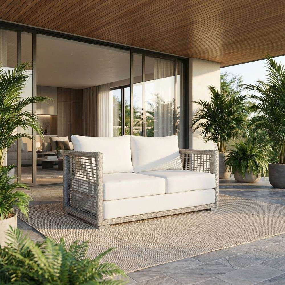 Outdoor Wicker Rattan Loveseat With Cushions And Armrests