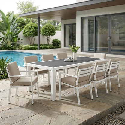 Square outdoor dining table with aluminum construction, weather-resistant design