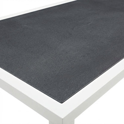 Square outdoor dining table with aluminum construction, weather-resistant design