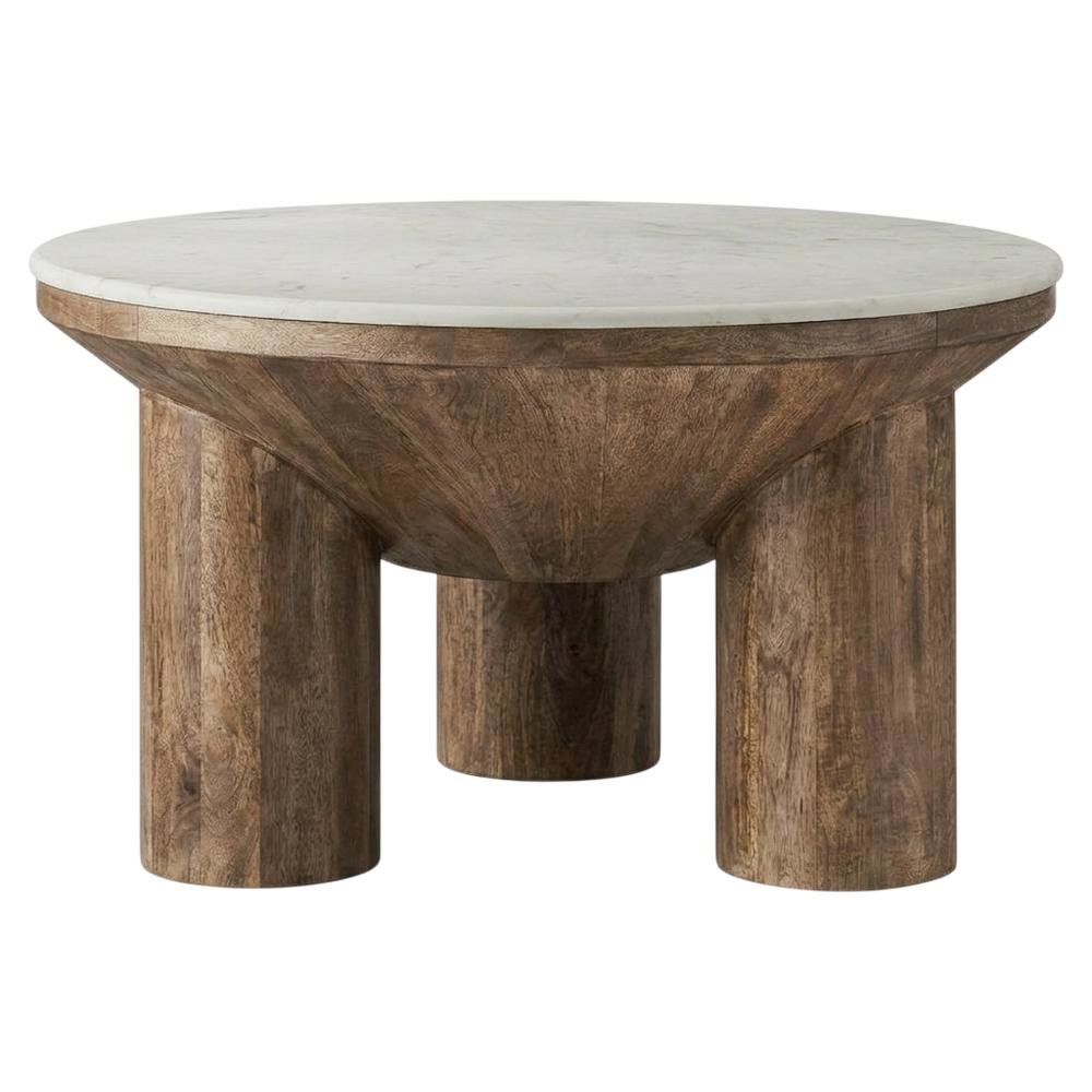 Wood Coffee Table with Marble Top, 33-Inch Round, Modern Design