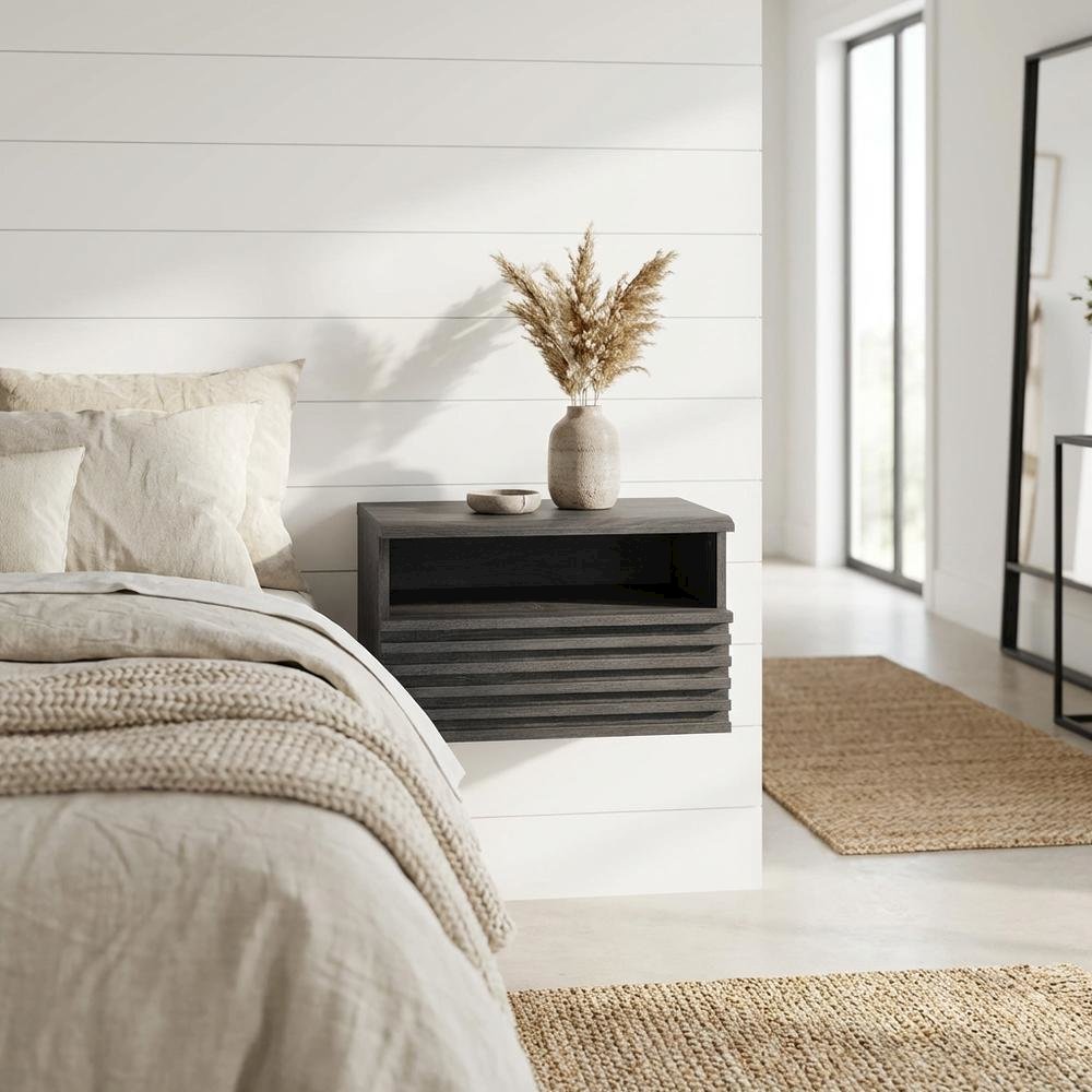Wooden Wall-Mount Nightstand in Gray Finish with Contemporary Design