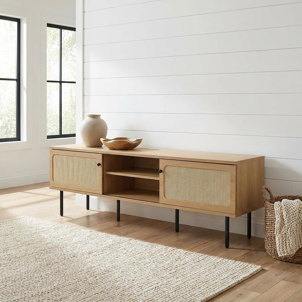 Wooden TV stand in brown with spacious surface and sturdy base