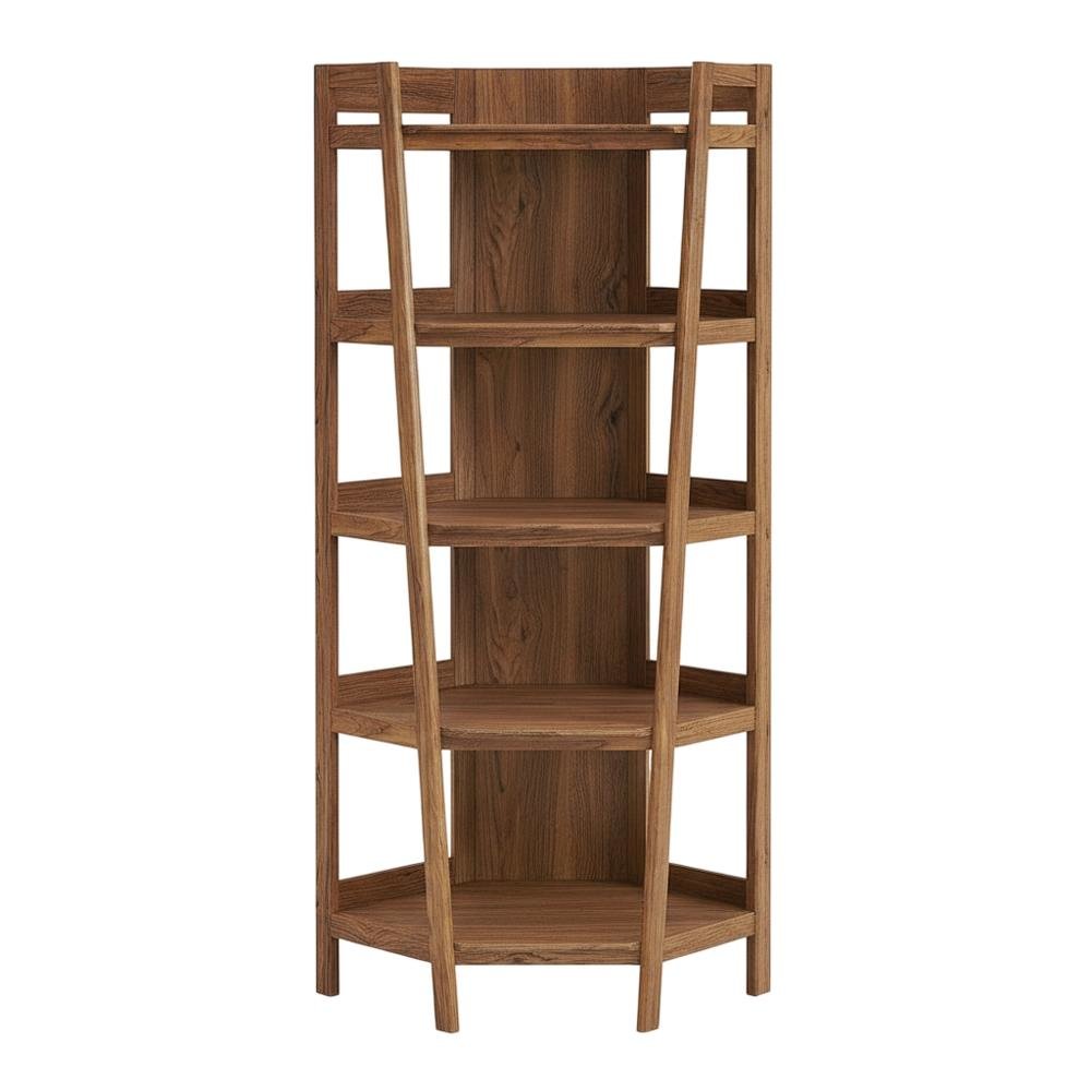Brown corner bookshelf with spacious shelves and modern design