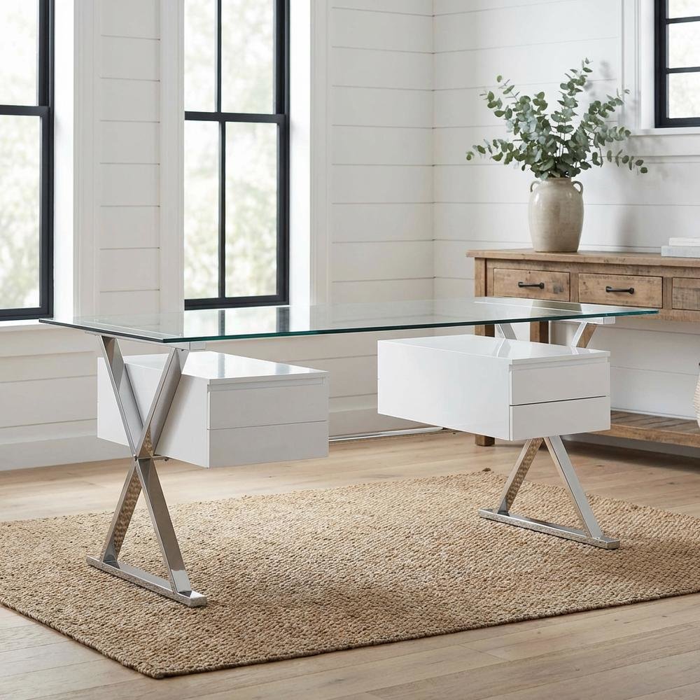 Contemporary 71-Inch Glass Top Office Desk With 4-Piece Set