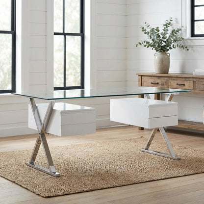 Contemporary 71-Inch Glass Top Office Desk With 4-Piece Set