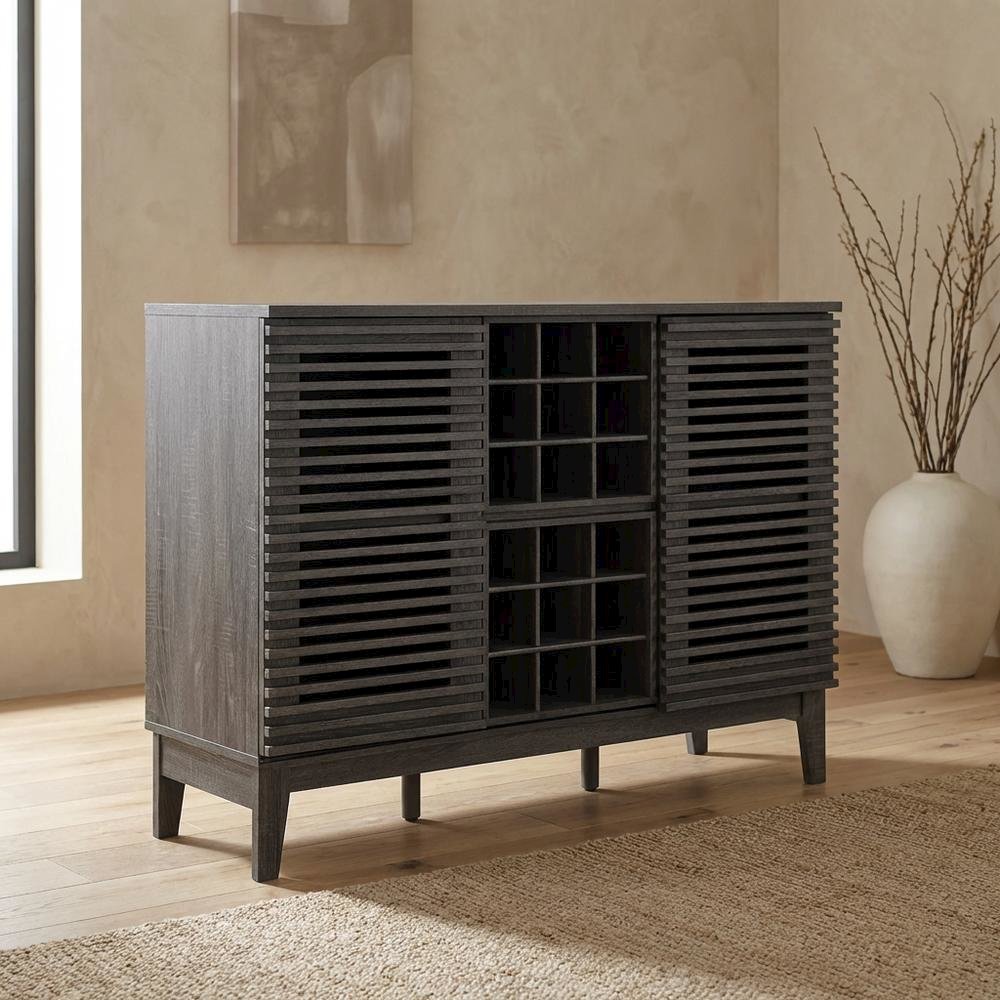 Charcoal Bar Cabinet, Bicast Leather, 46 Inch Wide, Modern Style