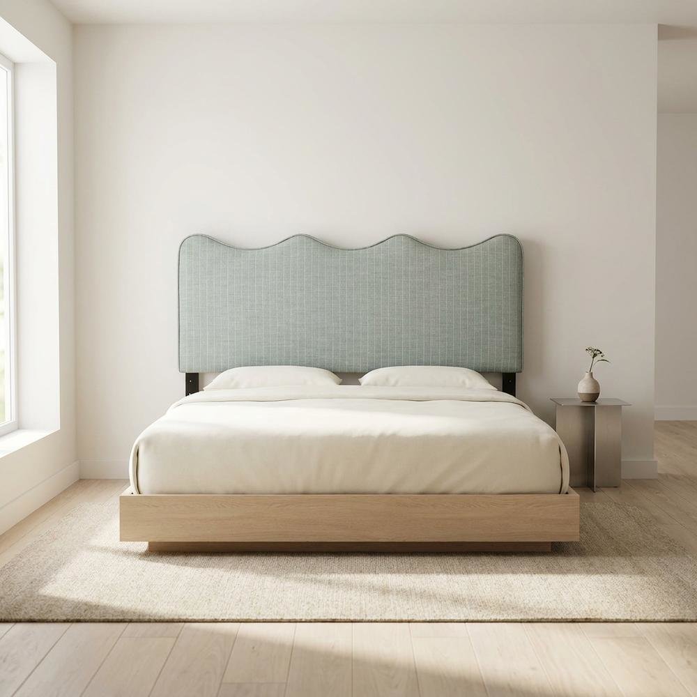 Striped Fabric King Headboard for Adjustable Bed with Storage, Spa Blue Stripe