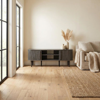 Gray wood TV stand with sleek design and sturdy construction