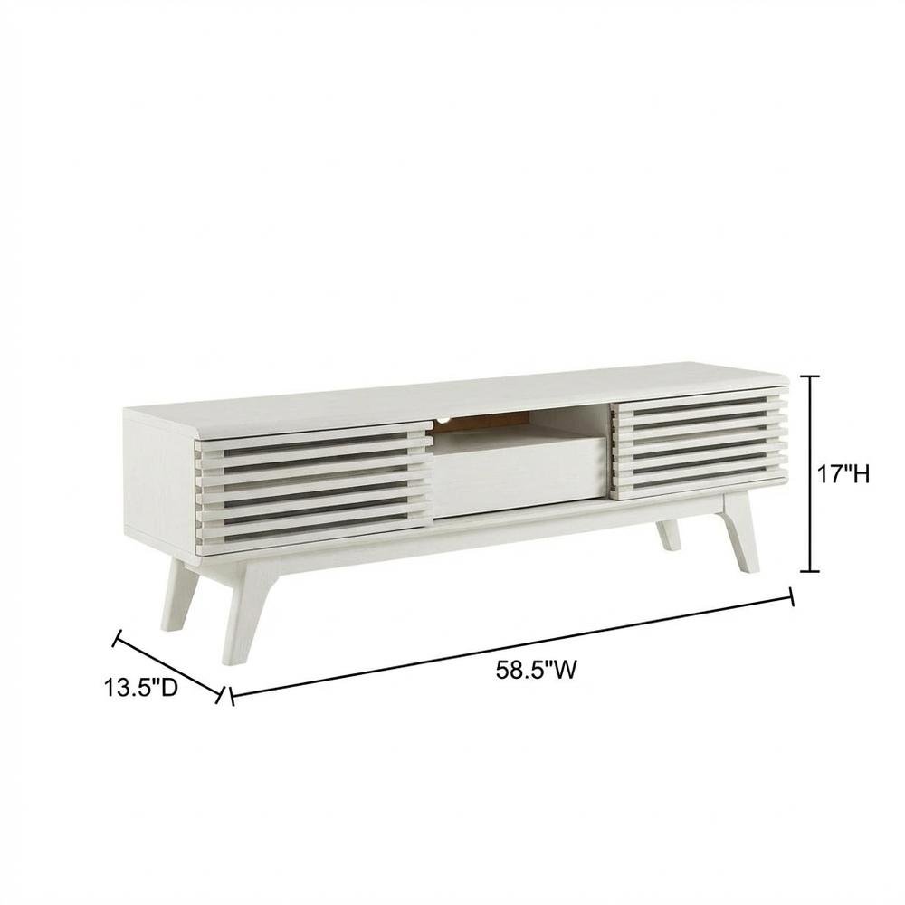White wood TV stand with 59-inch top and sleek design