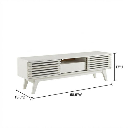 White wood TV stand with 59-inch top and sleek design