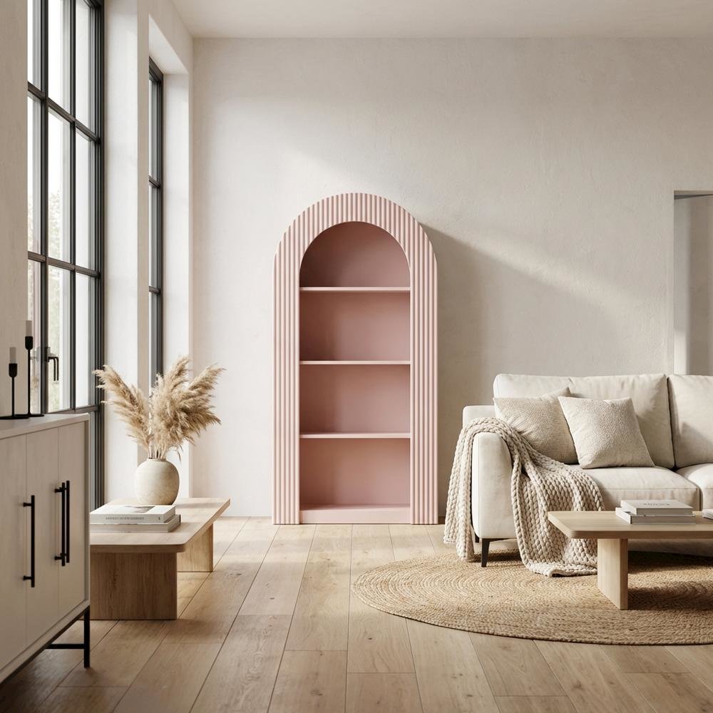 Red arched bookshelf with spacious shelves and nylon accents