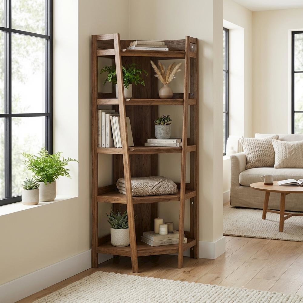 Brown corner bookshelf with spacious shelves and modern design