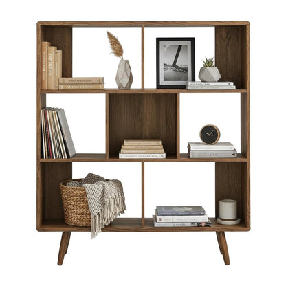 Wood Grain Bookcase with 7 Shelves for Living Room Storage