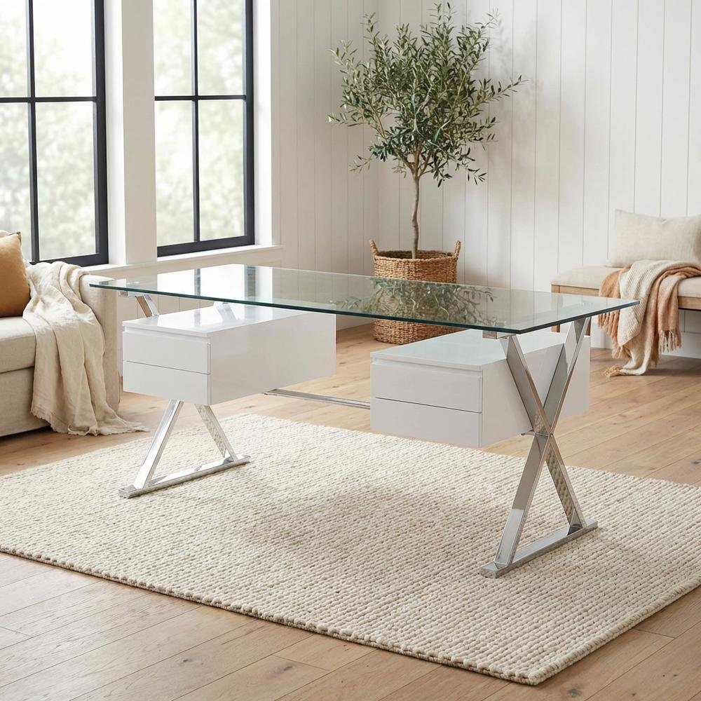 Contemporary 71-Inch Glass Top Office Desk With 4-Piece Set