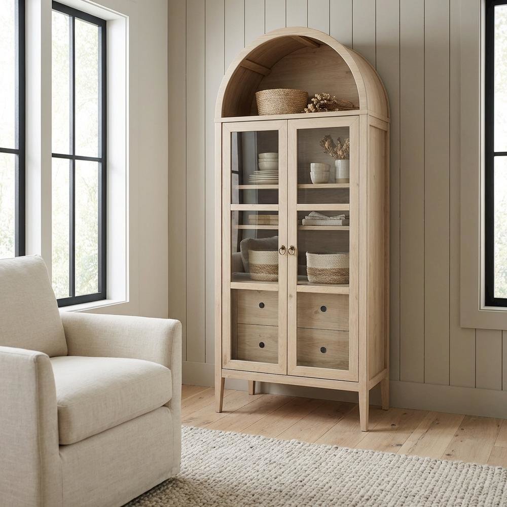Tall Arched Storage Cabinet In Rustic Finish With Versatile Display And Storage