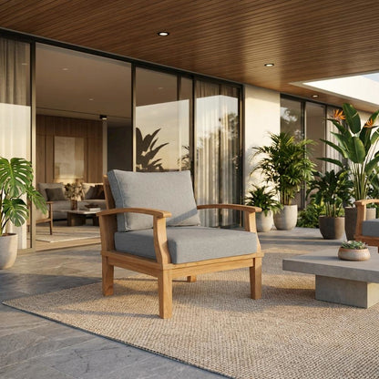Outdoor Teak Armchair For Patio Lounge With Cushioned Seating