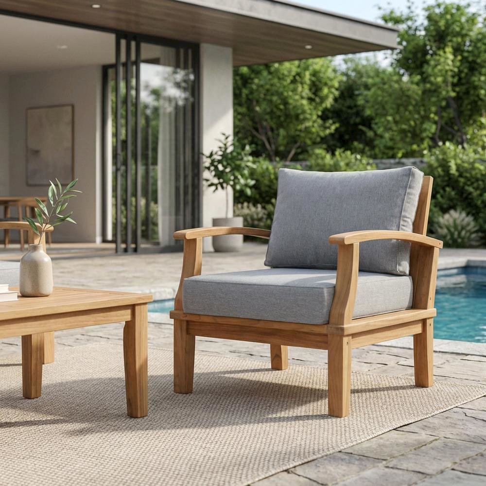 Outdoor Teak Armchair For Patio Lounge With Cushioned Seating