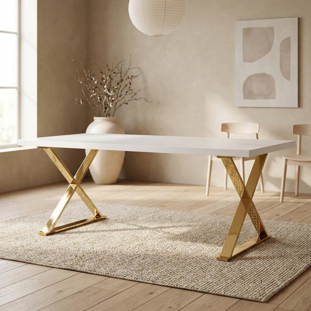 White Rectangular Dining Table, Modern X-Base, Seats 6