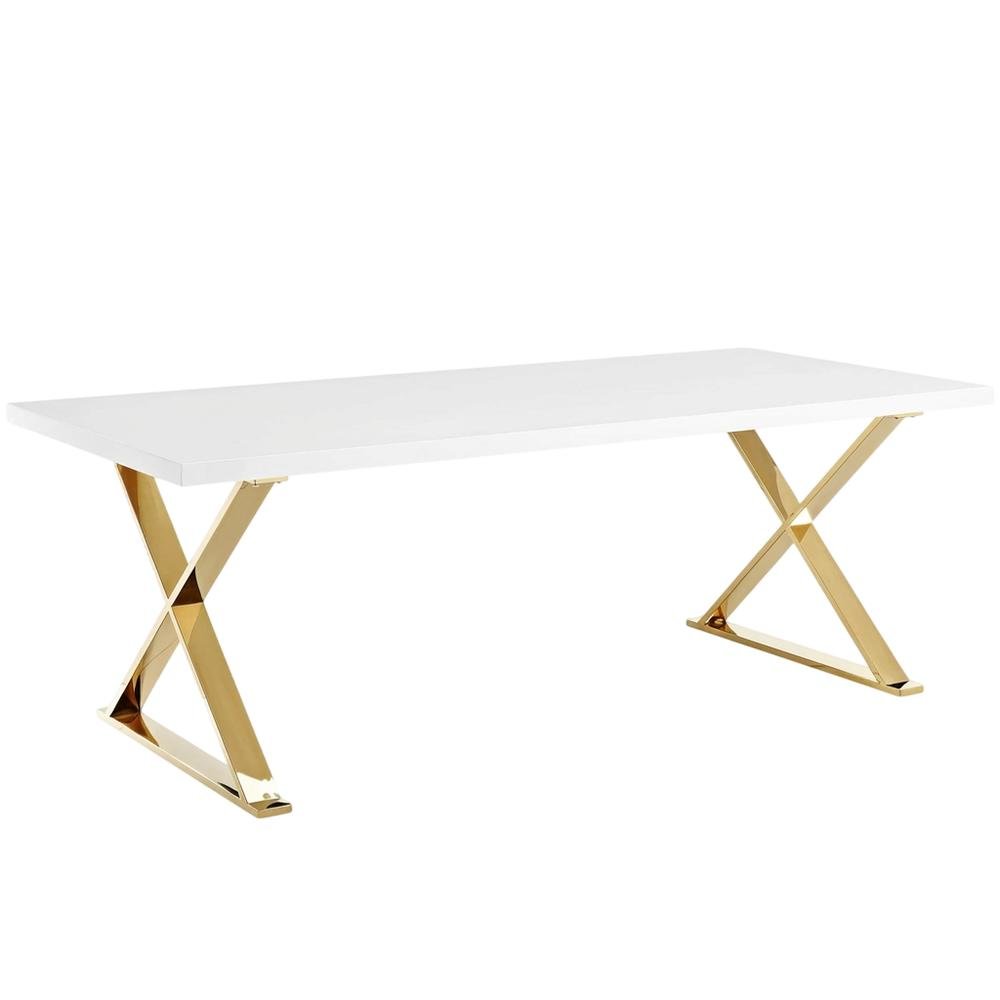 White Rectangular Dining Table, Modern X-Base, Seats 6